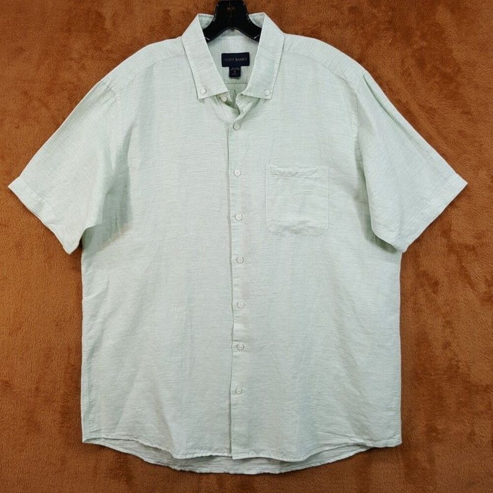SCOTT BARBER Shirt Mens XL Light Green Short Sleeve Button Up Linen Blend